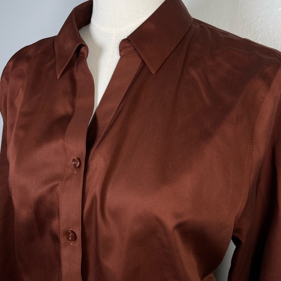 Chicos No-Iron Button Down Blouse in Copper Sateen Cotton Large (Chicos 2) - Picture 2 of 11